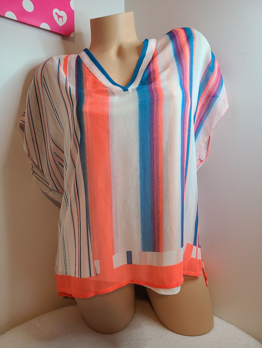 DKNY Layered Colorful Striped Chiffon V-neck Blouse Size M